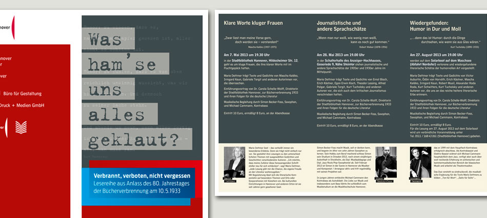 Gestaltung, Faltblatt zur Lesereihe "Was ham'se uns alles geklaut?", 2013