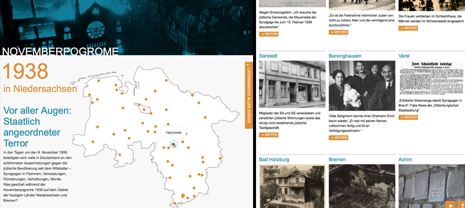Design, Website "Novemberpogrome 1938 in Niedersachsen", Stiftung niedersächsische Gedenkstätten, 2018