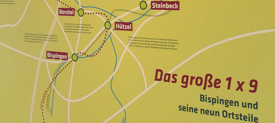 Ausstellungsgestaltung, Dauerausstellung der Gemeinde Bispingen, Wandbild, "Das große 1 x 9 – Bispingen und seine 9 Ortsteile", 2020