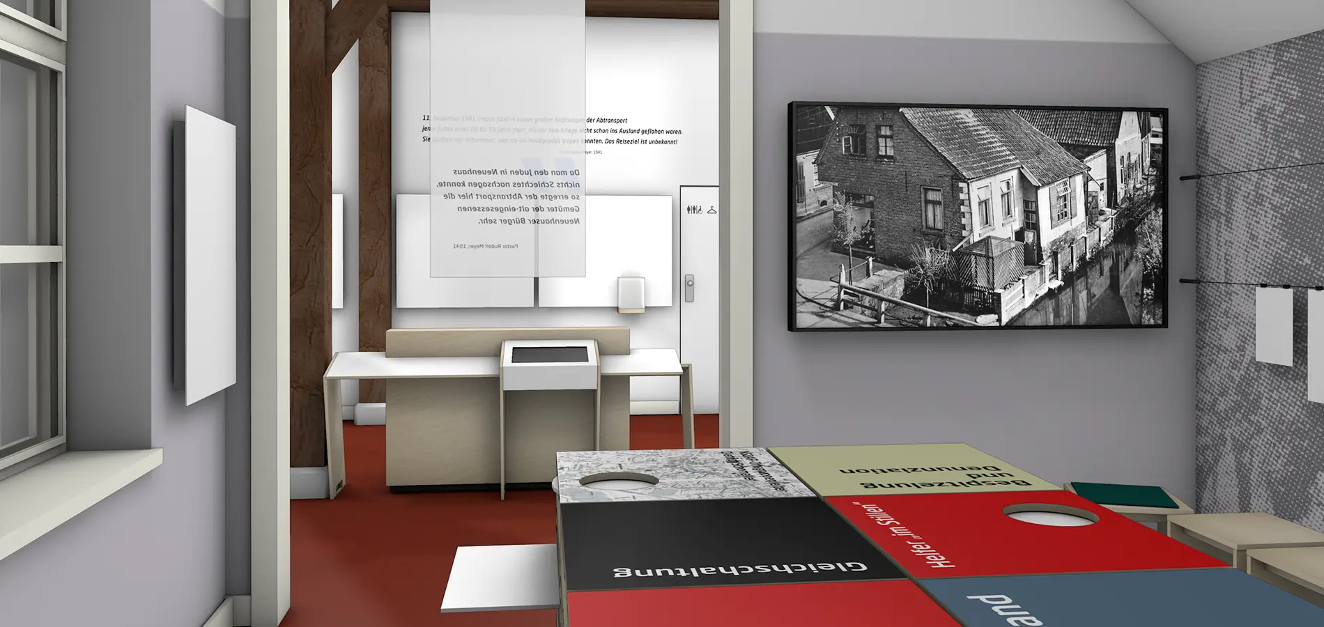Blick in die Ausstellung auf Themencontainer und Zeitleiste